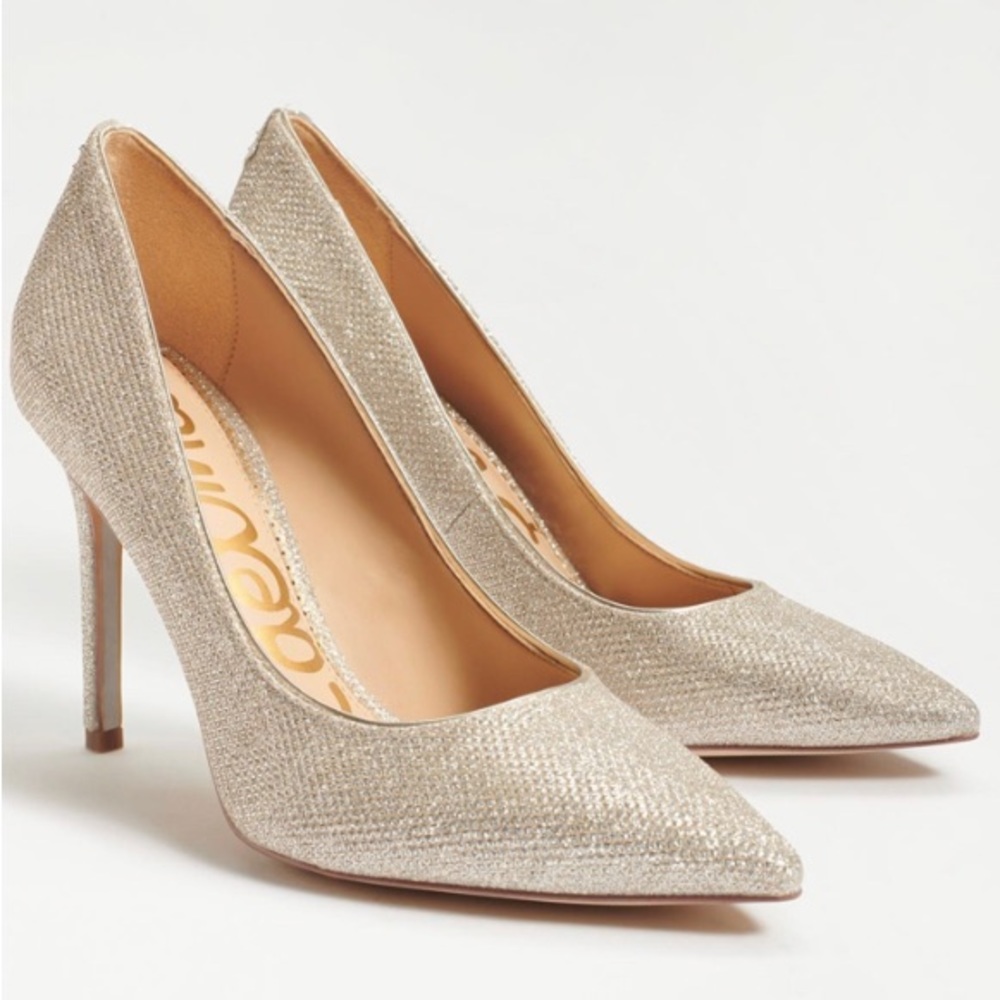 SAM EDELMAN: HAZEL POINTED TOE HEEL, LIGHT GOLD MESH